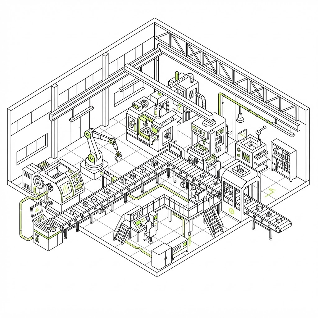 Ilustración de una planta y línea de producción industrial
